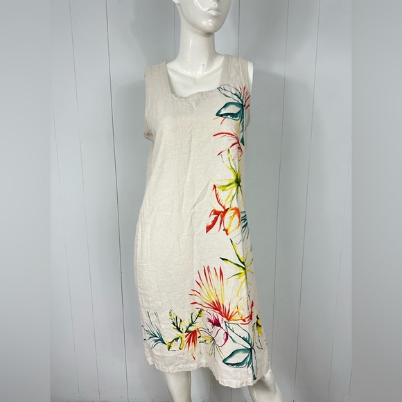 For Cynthia Dresses & Skirts - FOR CYNTHIA Women’s Sz M Striped Linen Blend Sleeveless Floral Beige Dress